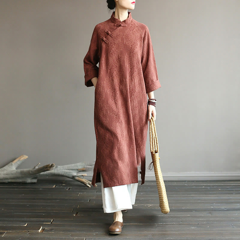 Nimara Ritual Flower Jacquard Midi Dress Long Sleeve Cotton Linen Dress Wide Leg Pants With Pockets