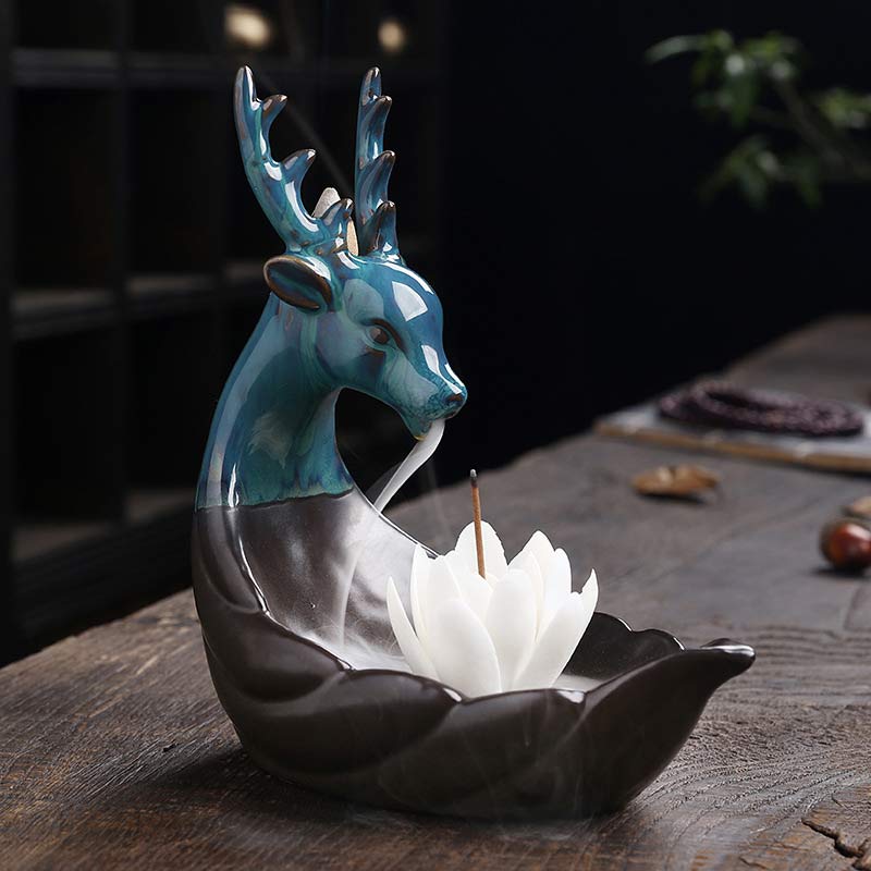 Nimara Ritual Little Deer Ceramic Lotus Meditation Incense Burner Decoration