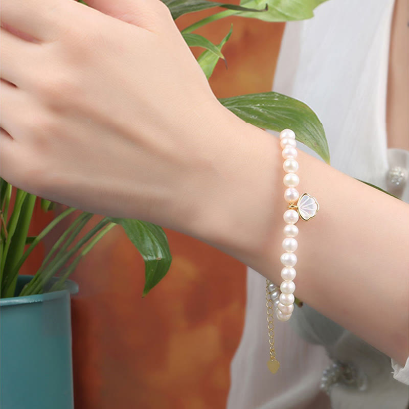 Nimara Ritual 14K Gold Plated Natural Pearl Crystal Shell Charm Bead Bracelet