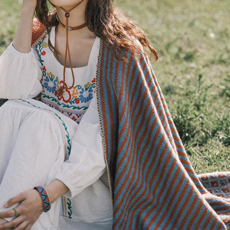 Nimara Ritual Tibetan Shawl Striped Diamond Pattern Winter Warm Soft Scarf