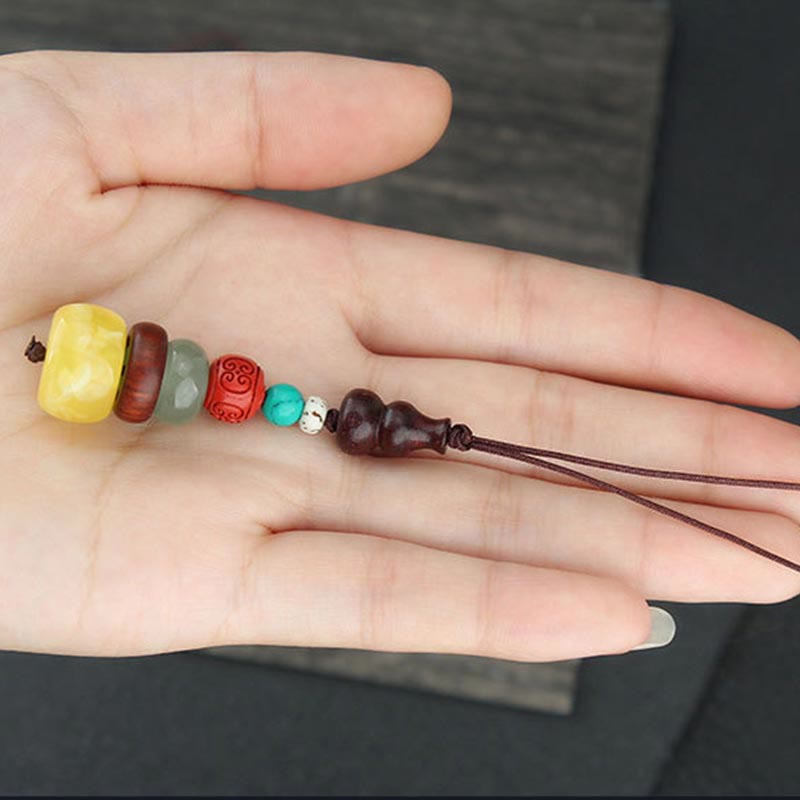Nimara Ritual Green Sandalwood Ebony Wood Gourd Seven Layer Pagoda Positive Phone Hanging Decoration