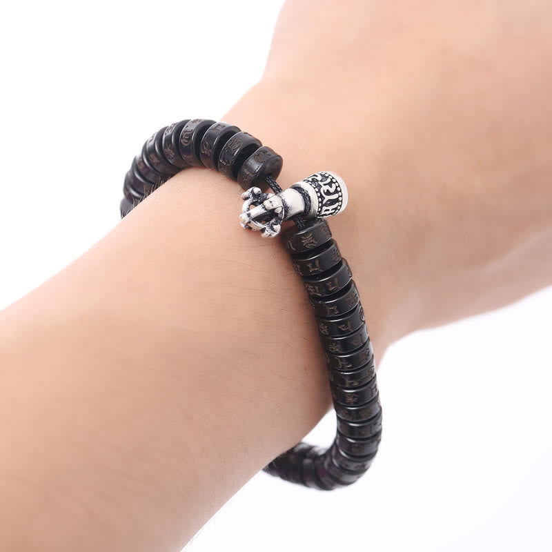 Nimara Ritual Tibet Coconut Shell Carved Om Mani Padme Hum Dorje Vajra Bell Happiness String Bracelet