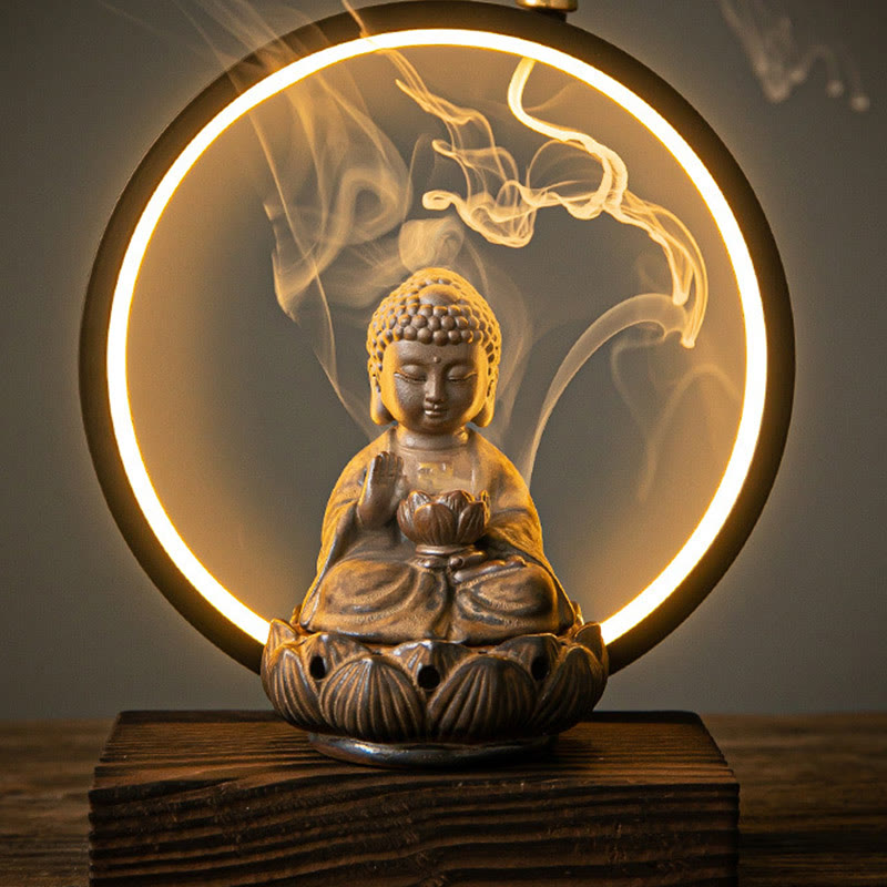 Nimara Ritual Buddha Lotus Backflow Smoke Fountain Ceramic Blessing Incense Burner With Light Decoration