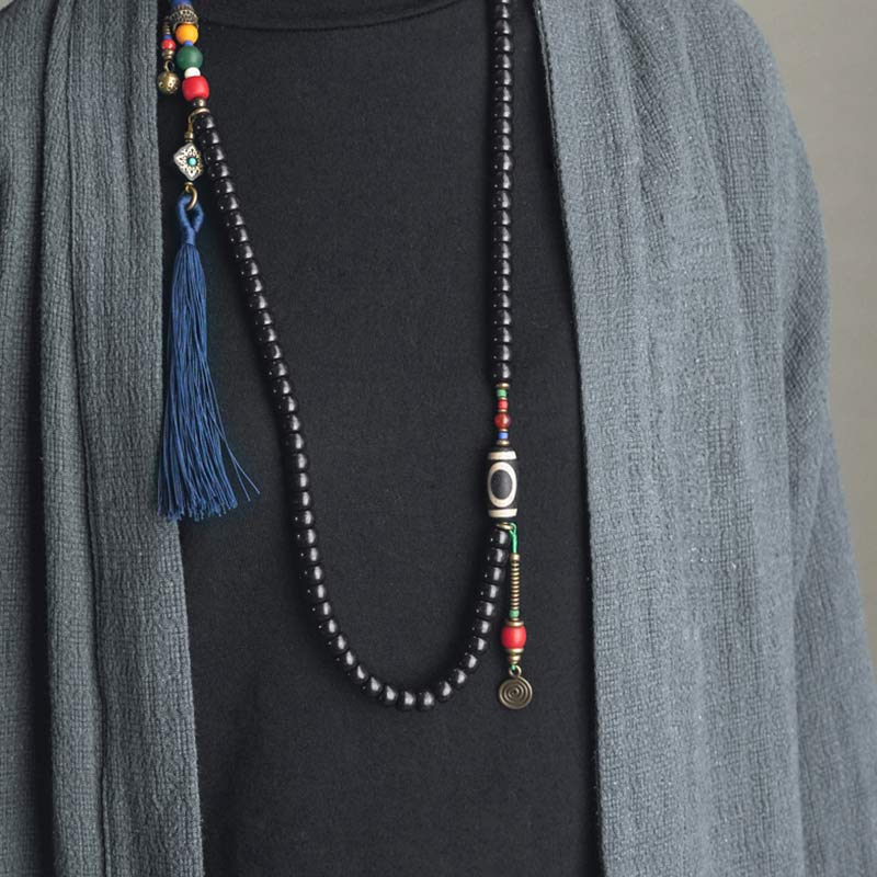 Nimara Ritual 108 Beads Mala Ebony Wood Dzi Bead Copper Balance Tassel Bracelet