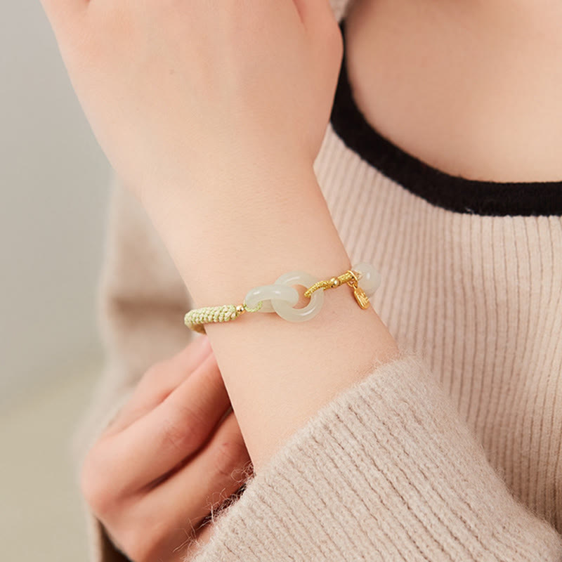 Nimara Ritual Natural Hetian Jade Bead Double Peace Buckle Fu Character Abundance Braided Bracelet