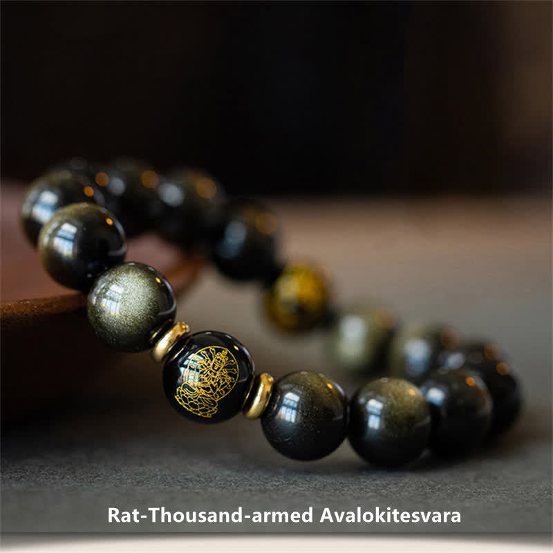 Nimara Ritual Chinese Zodiac Natal Buddha Gold Sheen Obsidian Wealth Protection Bracelet