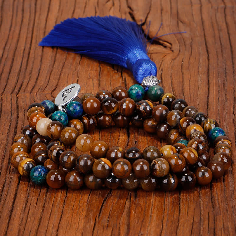 Nimara Ritual 108 Mala Beads Tiger Eye Buddha Strength Bracelet Tassel Necklace Pendant