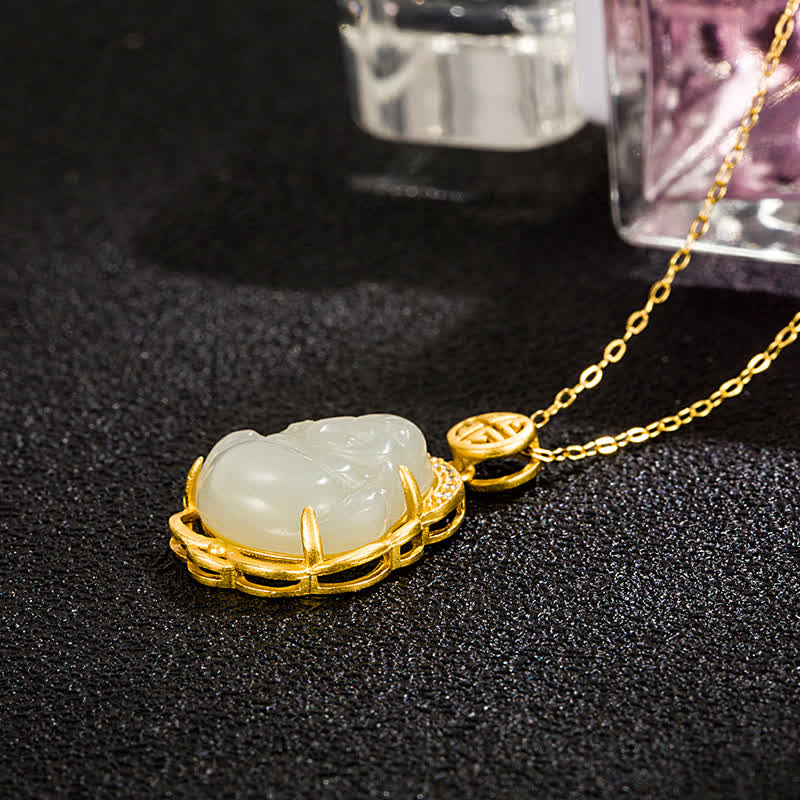 Nimara Ritual 925 Sterling Silver Laughing Buddha Hetian White Jade Protection Necklace Pendant