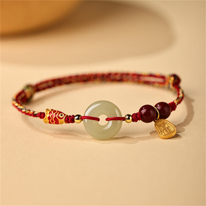 Nimara Ritual 925 Sterling Silver Koi Fish Hetian Jade Peace Buckle Luck Bracelet