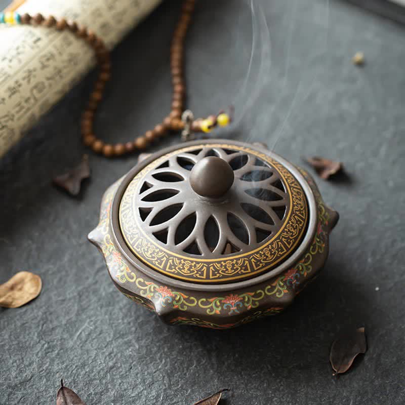Nimara Ritual Tibetan Floral Pattern Ceramic Blessing Incense Burner Decoration