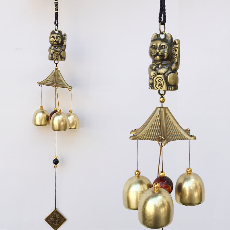 Nimara Ritual Auspicious Wealth Cat Wall Hanging Chime Bell Copper Luck Handmade Home Decoration