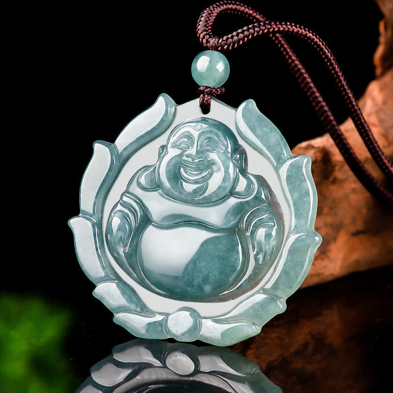 Nimara Ritual Natural Jade Laughing Buddha Lotus Pattern Luck Necklace Pendant