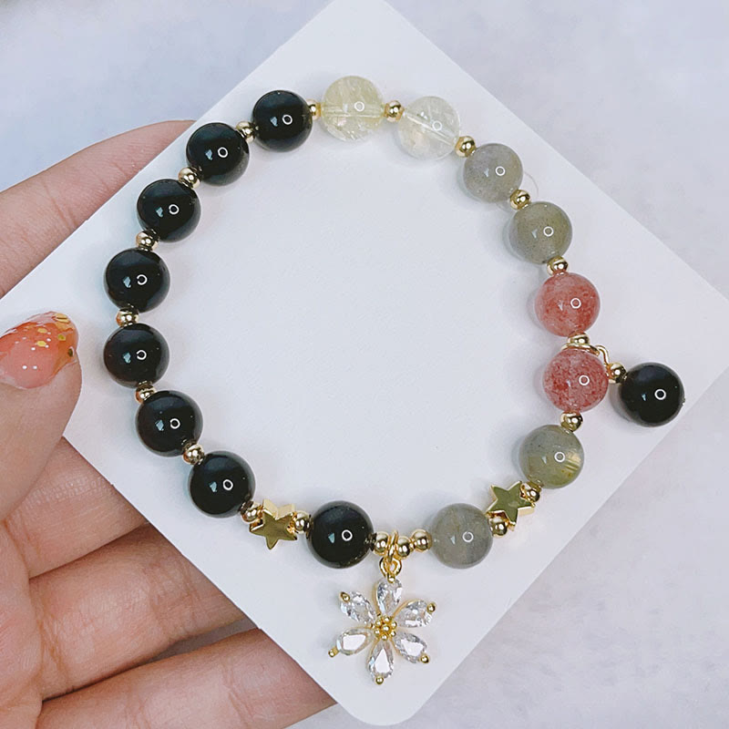 Nimara Ritual Natural Silver Sheen Obsidian Love Heart Star Flower Protection Bracelet