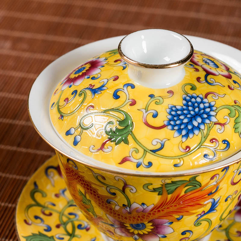 Nimara Ritual Dragon Phoenix Flower Design Ceramic Gaiwan Sancai Teacup Kung Fu Tea Cup And Saucer With Lid