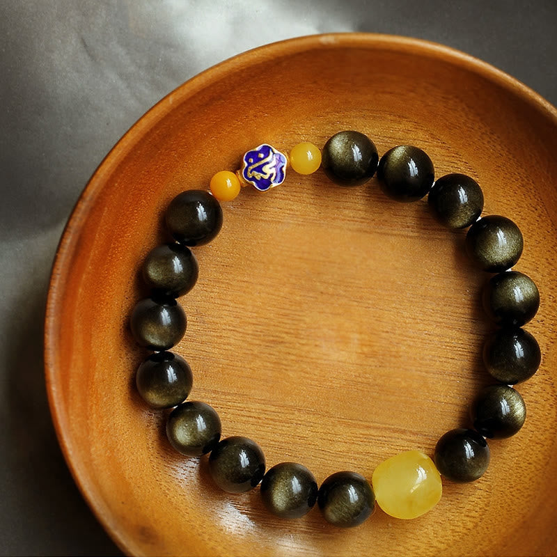 Nimara Ritual 925 Sterling Silver Chinese Zodiac Natal Buddha Natural Gold Sheen Obsidian Amber Wealth Protection Bracelet