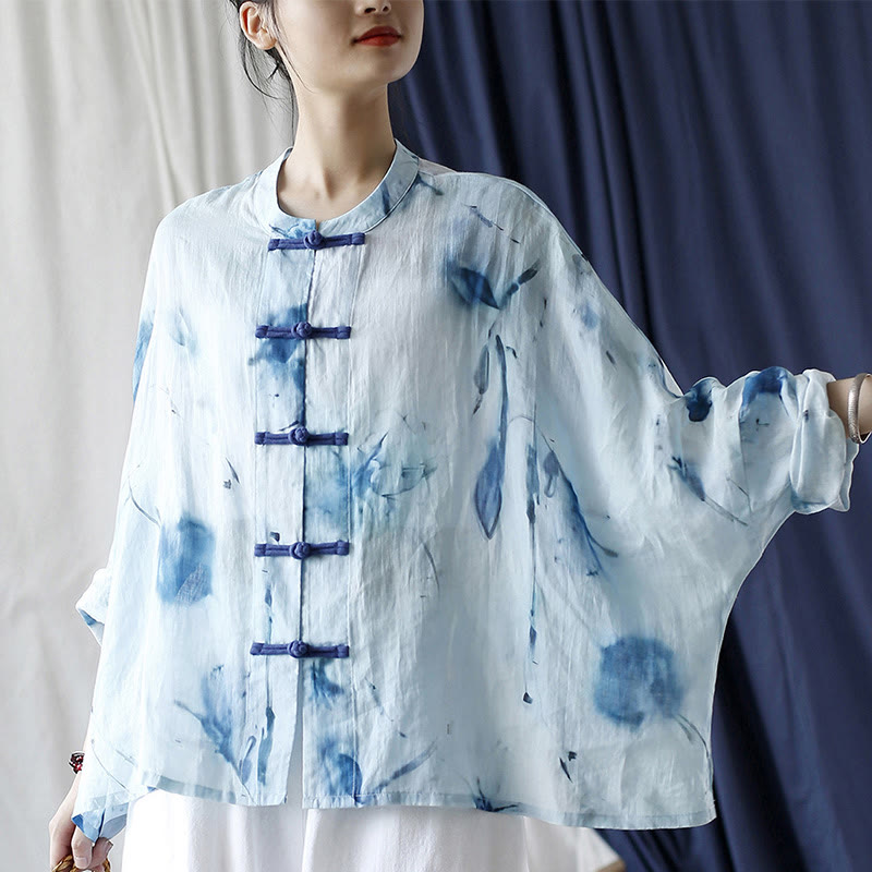 Nimara Ritual Tie Dye Blue Flowers Frog-Button Design Long Sleeve Ramie Linen Jacket Shirt