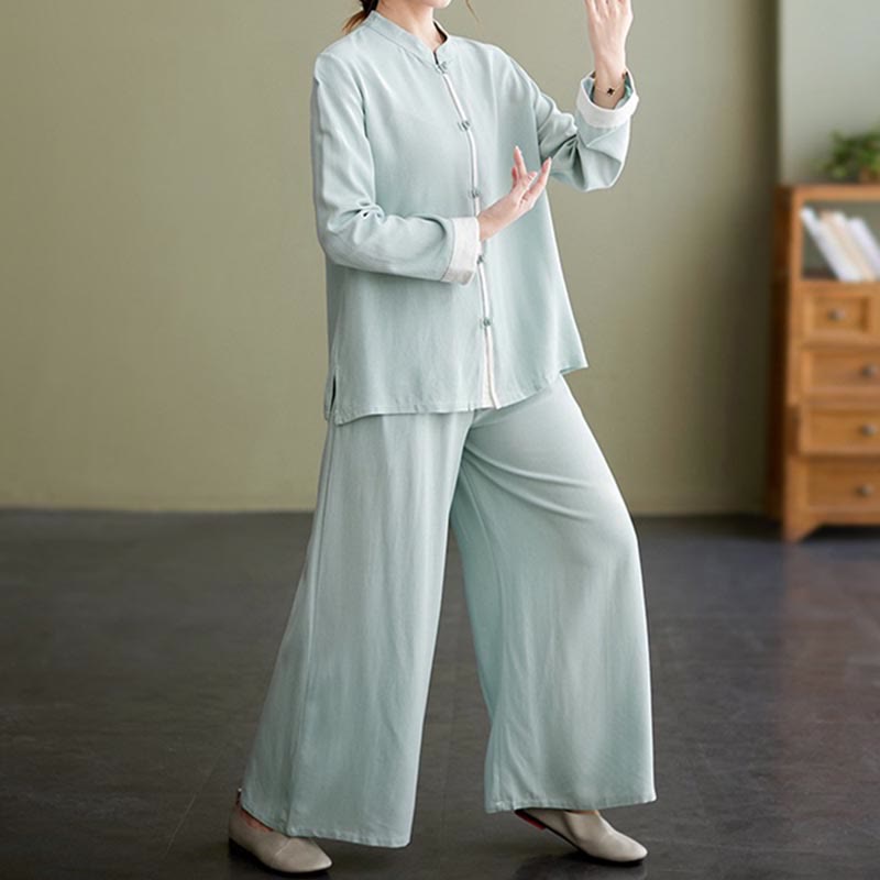 Nimara Ritual 2Pcs Tang Suit Long Sleeve Shirt Top Pants Meditation Zen Tai Chi Cotton Linen Clothing Women's Set