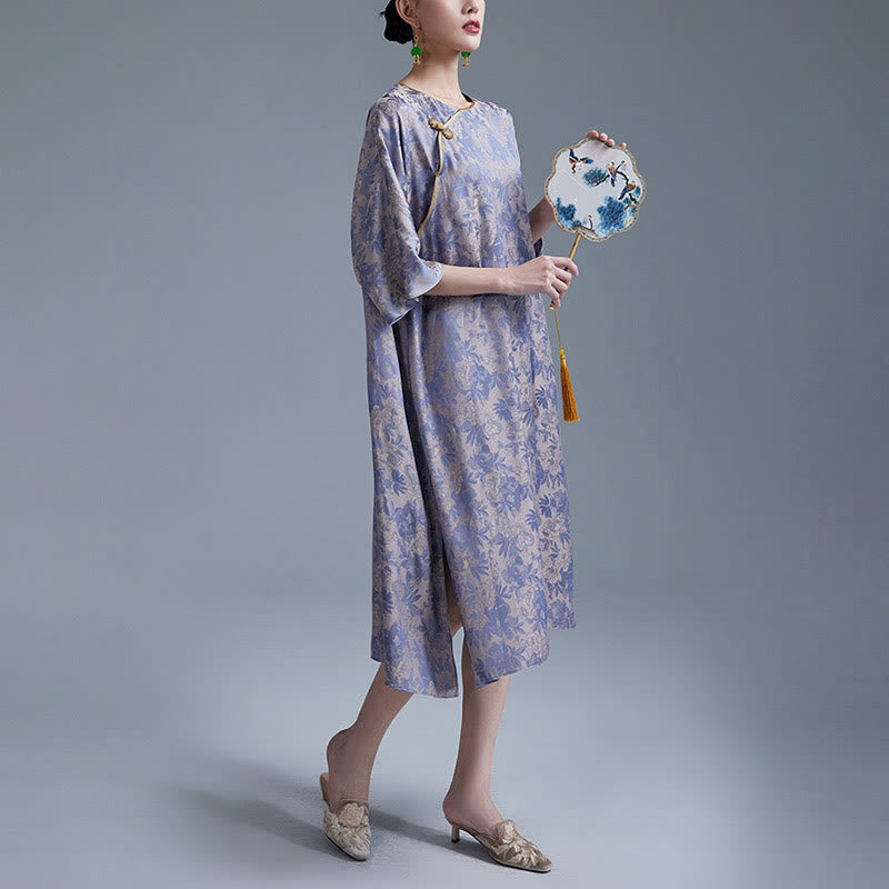 Nimara Ritual Small Flower Leaf Jacquard Chinese Cheongsam Qipao Midi Dress With Pockets