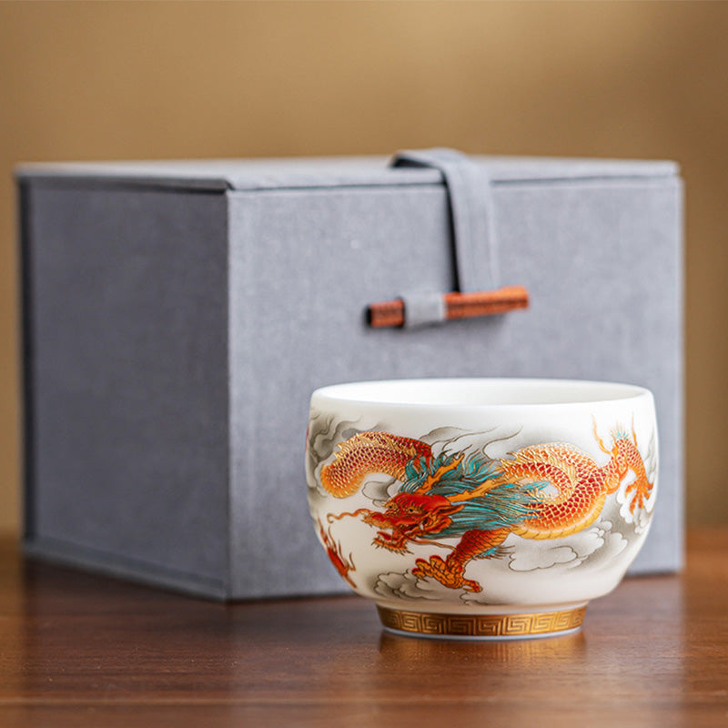 Nimara Ritual Dragon Phoenix Auspicious Clouds Ceramic Teacup Kung Fu Tea Cup With Gift Box