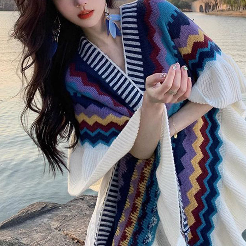 Nimara Ritual Tibetan Shawl Colorful Striped Wavy Line Tassels Winter Cozy Travel Scarf Wrap