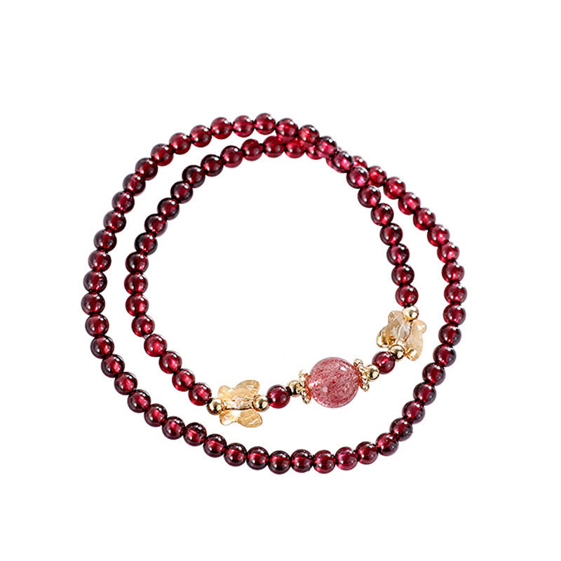 Nimara Ritual 14K Gold Plated Natural Garnet Strawberry Quartz Butterfly Protection Double Wrap Bracelet