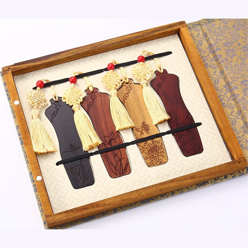Nimara Ritual 4Pcs Four Seasons Plum Orchid Bamboo Chrysanthemum Peking Opera Mask Wood Bookmarks With Gift Box
