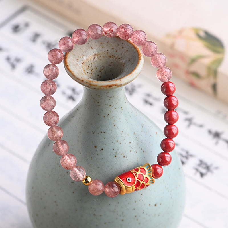 Nimara Ritual Natural Strawberry Quartz Cinnabar Lucky Koi Fish Healing Bracelet