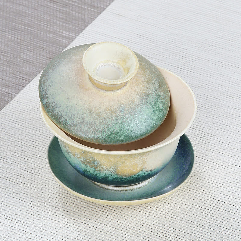 Nimara Ritual Green Ocean Waves Design Porcelain Ceramic Gaiwan Sancai Teacup Kung Fu Tea Cup And Saucer With Lid