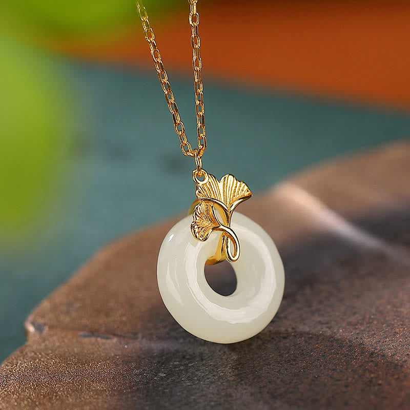 Nimara Ritual 925 Sterling Silver Natural Hetian Jade Ginkgo Leaf Peace Buckle Luck Necklace Pendant