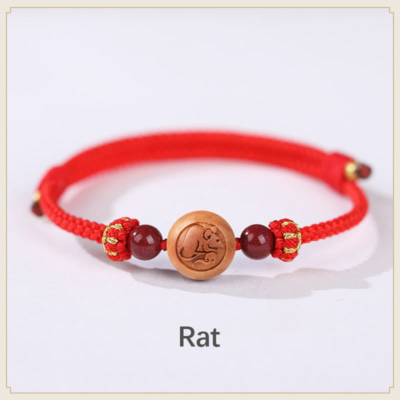 Nimara Ritual Natural Peach Wood Chinese Zodiac Fu Character Carved Cinnabar Wealth Bracelet
