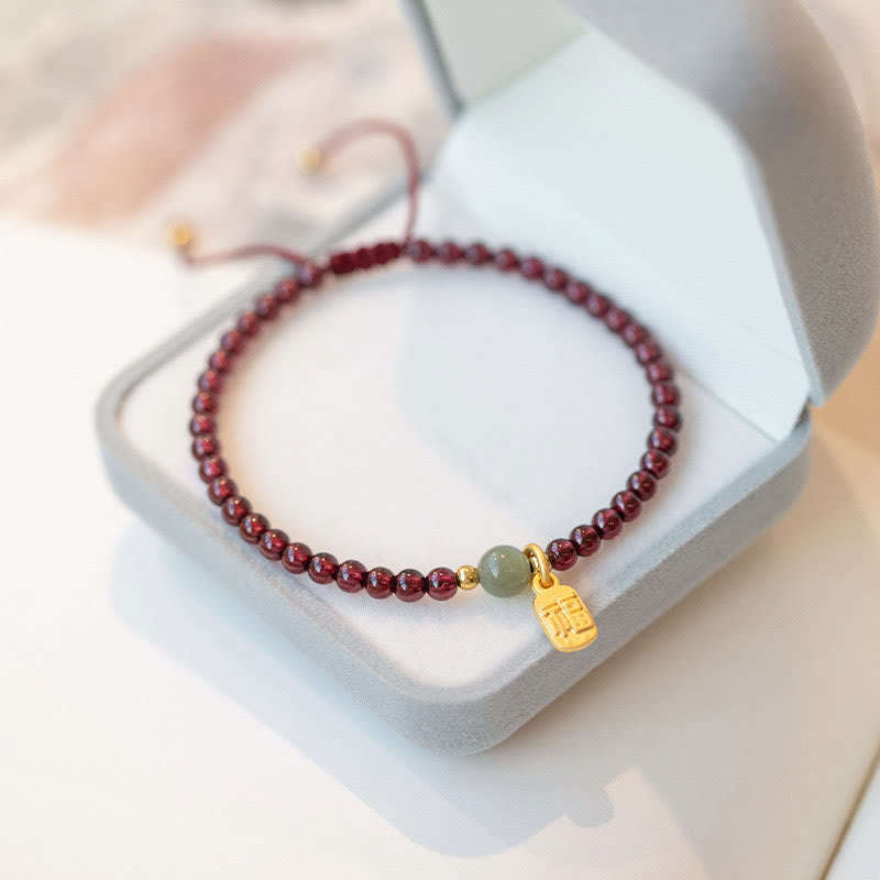 Nimara Ritual Natural Strawberry Quartz Garnet Jade Lucky Fortune Fu Character Healing Charm Bracelet