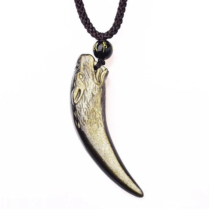 Nimara Ritual Natural Black Obsidian Ice Obsidian Rainbow Obsidian Wolf Tooth Pattern Strength Necklace Pendant