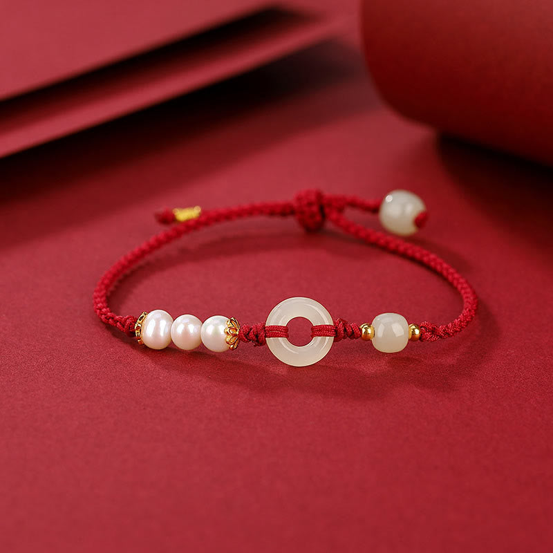 Nimara Ritual 925 Sterling Silver Plated Gold Hetian Jade Peace Buckle Pearl Luck Bracelet