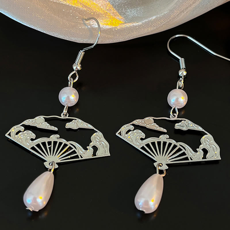 Nimara Ritual Copper Fan Auspicious Clouds Pearl Healing Drop Earrings