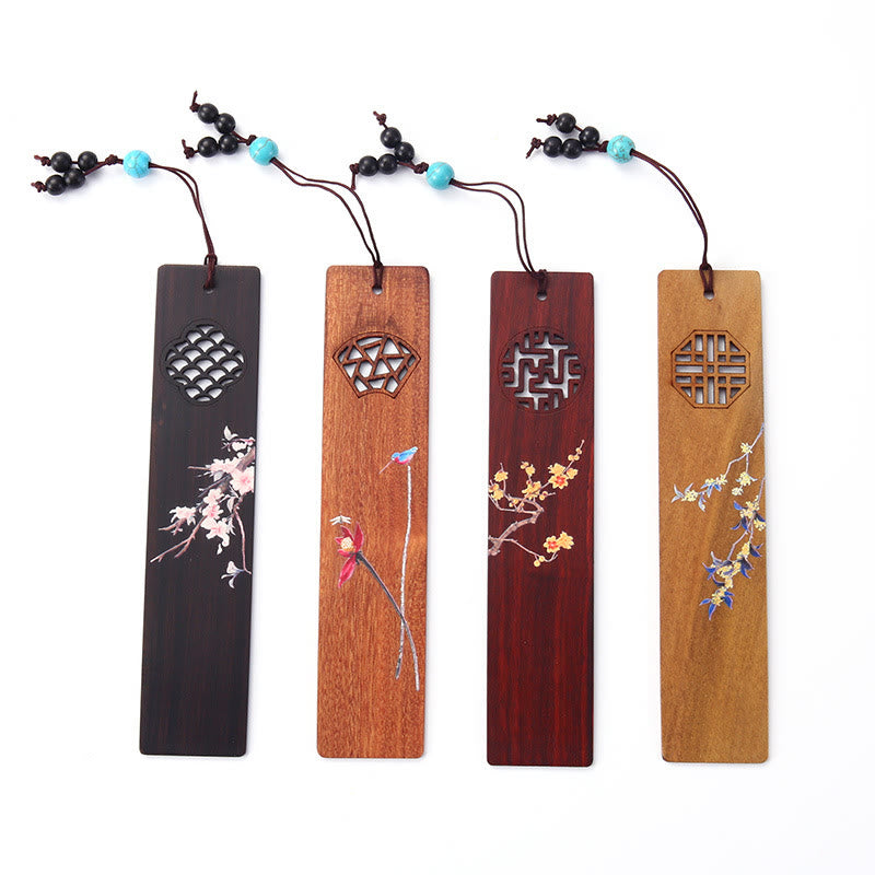 Nimara Ritual 4Pcs Four Seasons Plum Orchid Bamboo Chrysanthemum Peking Opera Mask Wood Bookmarks With Gift Box
