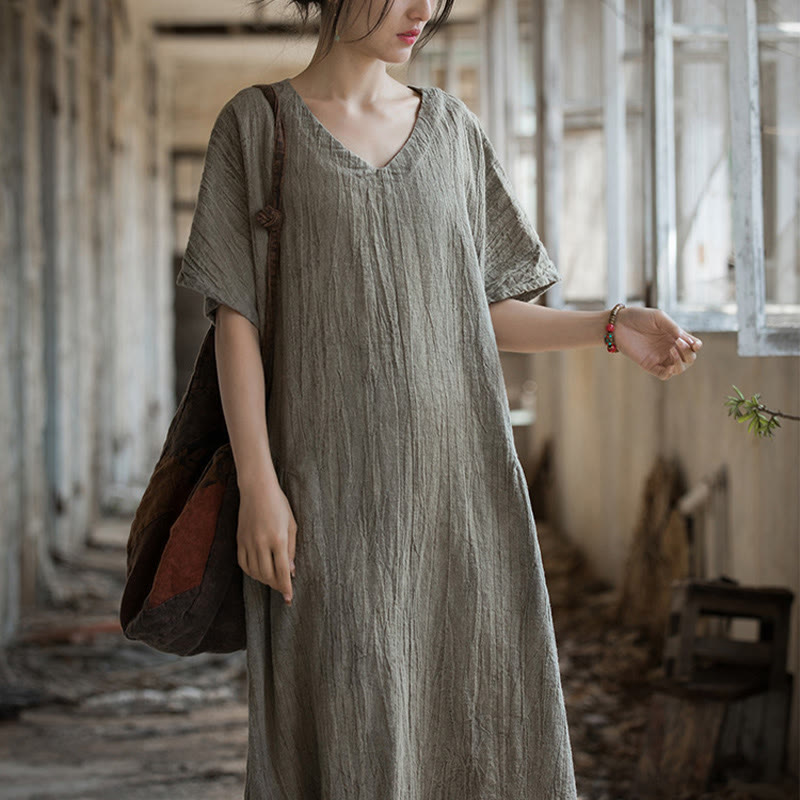 Nimara Ritual Handmade Tie Dye V-Neck Midi Dress Linen Short Sleeve Dress
