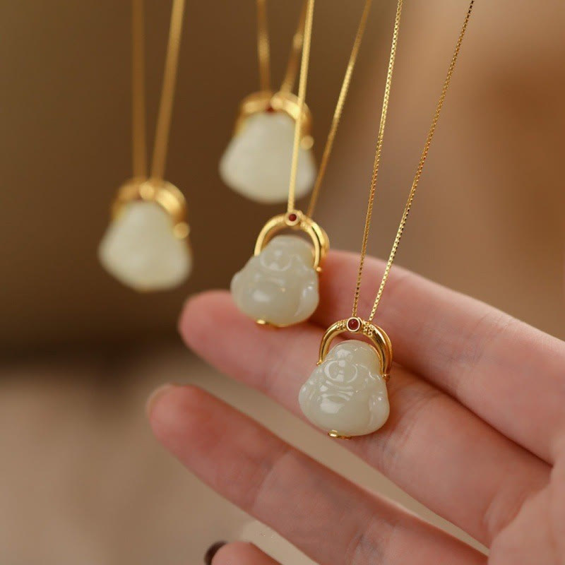 Nimara Ritual 925 Sterling Silver Natural Hetian Jade Laughing Buddha Abundance Chain Necklace Pendant