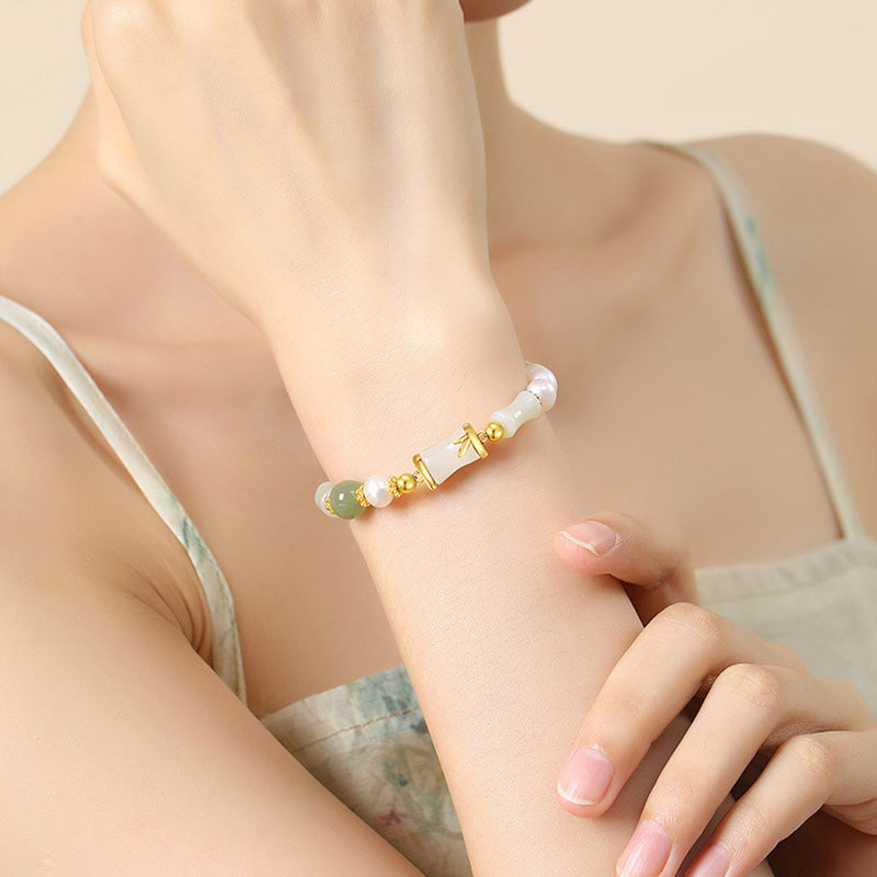 Nimara Ritual 925 Sterling Silver Natural Hetian White Jade Bamboo Luck Blessing Bracelet