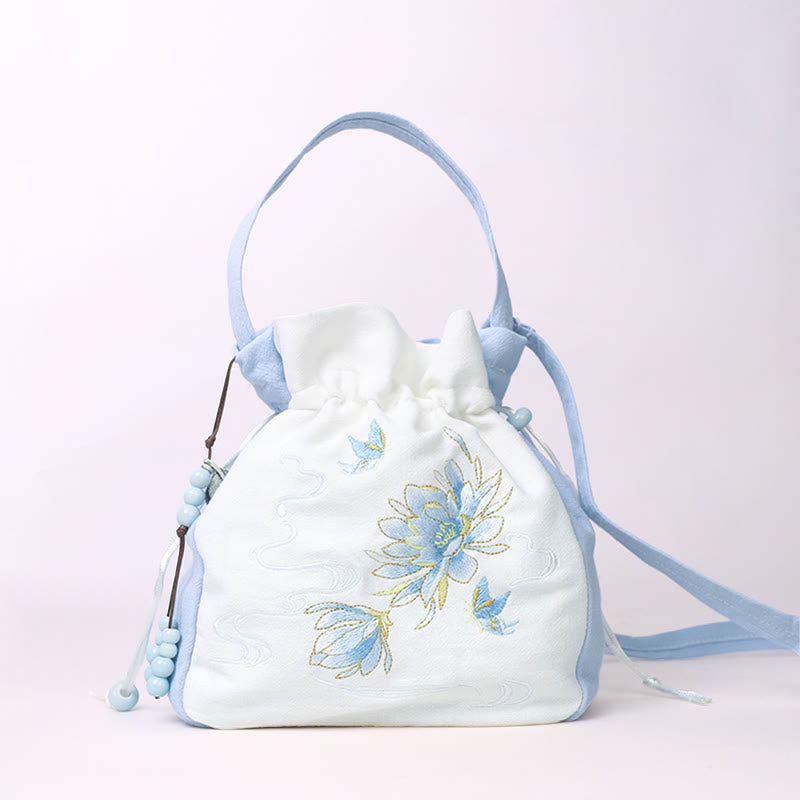Nimara Ritual Embroidered Butterfly Lotus Magnolia Cotton Linen Tote Crossbody Bag Shoulder Bag Handbag
