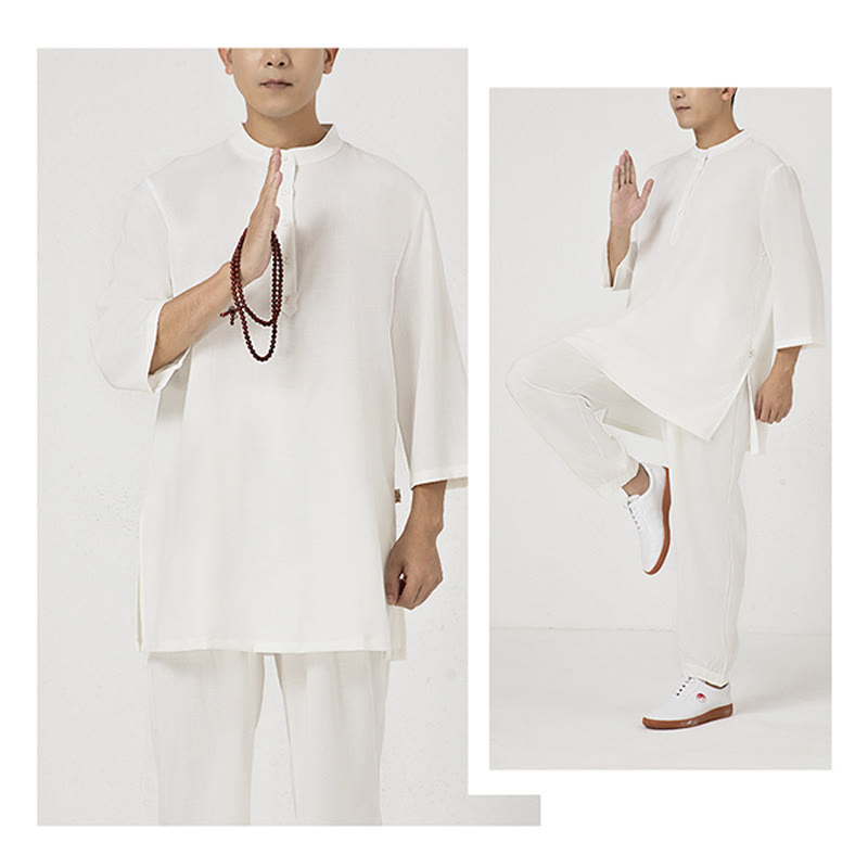 Nimara Ritual 2Pcs Buttons Men's Three Quarter Sleeve Shirt Top Pants Meditation Zen Tai Chi Cotton Linen Clothing Set
