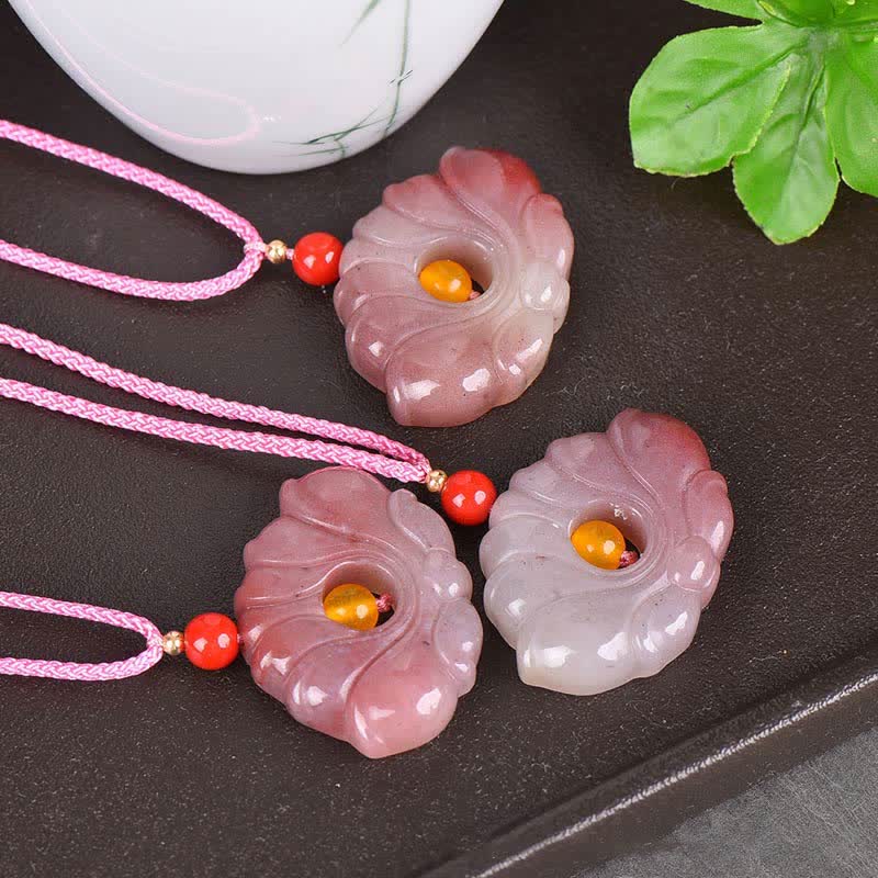 Nimara RitualPink Golden Silk Jade Lotus Flower Wealth Necklace Pendant