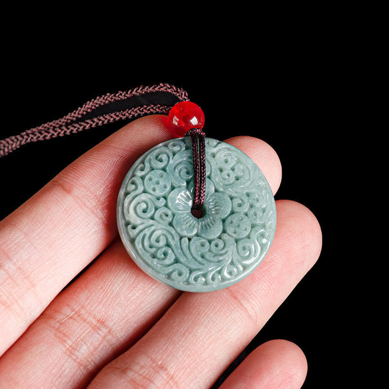 Nimara Ritual Green Jade Flower Carved Peace Buckle Abundance Necklace Pendant