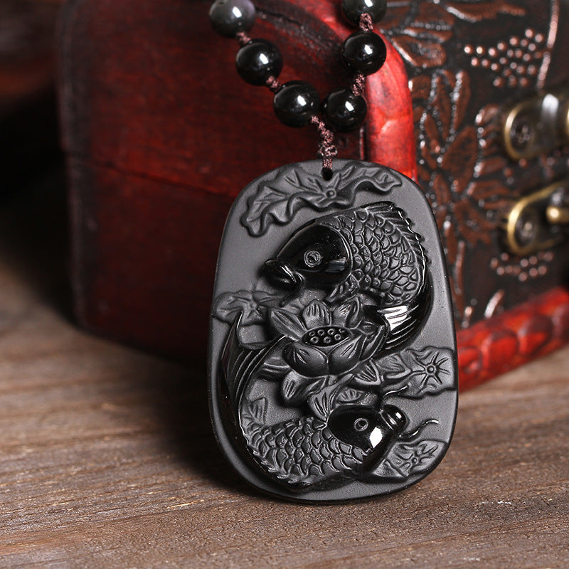 Nimara Ritual Natural Black Obsidian Koi Fish Lotus Strength Beaded Necklace Pendant