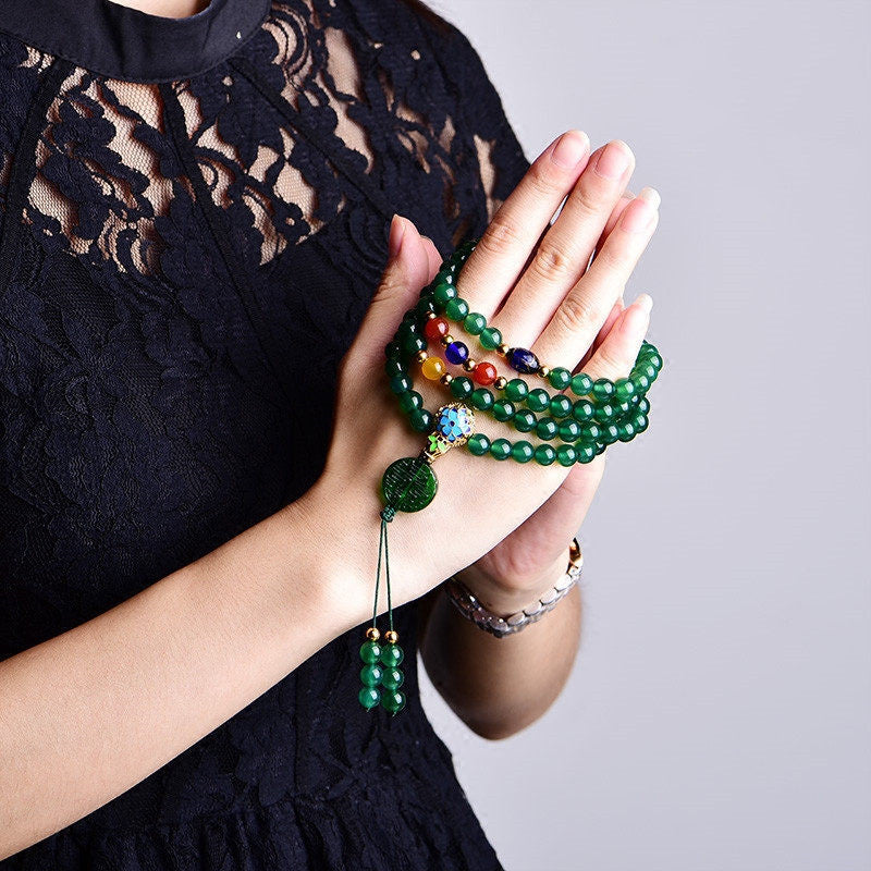 Nimara Ritual 108 Mala Beads Natural Green Agate Power Support Bracelet