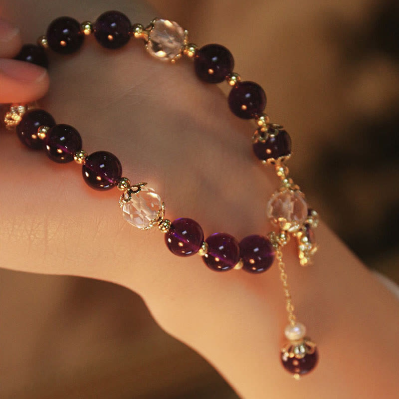 Nimara Ritual 14k Gold Plated Natural Amethyst Healing Maple Leaf Charm Bracelet