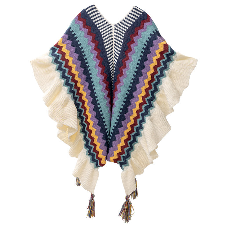 Nimara Ritual Tibetan Shawl Colorful Striped Wavy Line Tassels Winter Cozy Travel Scarf Wrap