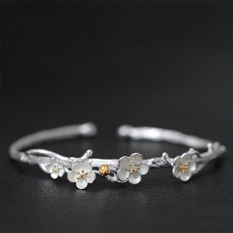 Nimara Ritual 925 Sterling Silver Plum Flower Blessing Bracelet Adjustable Bangle