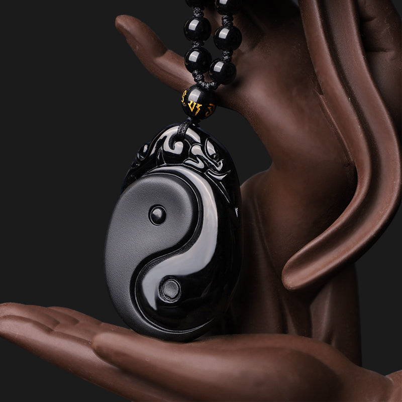 Nimara Ritual Natural Black Obsidian Yin Yang Fulfilment Strength Necklace Pendant