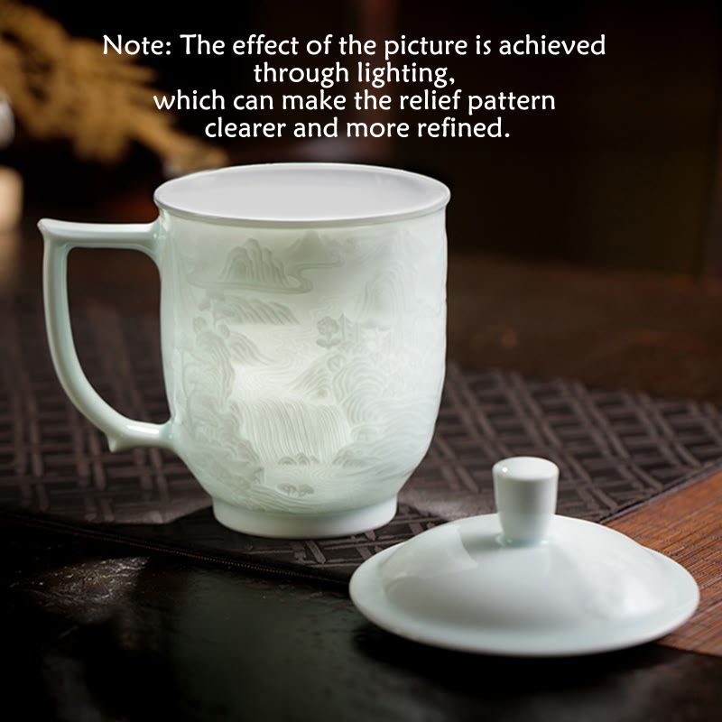 Nimara Ritual Jingdezhen White Porcelain Handmade Great Wall Landscape Engraved Ceramic Teacup Office Mug Tea Cups