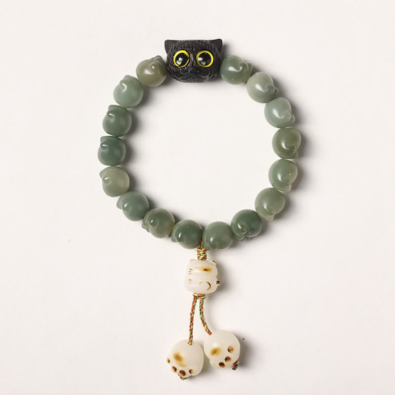 Nimara Ritual Natural Bodhi Seed Lovely Paw Ebony Wood Lucky Cat Wisdom Bracelet